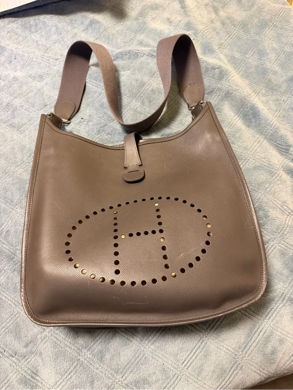 Hermes Gray Leather Messenger Bag with Charcoal Strap clean inside comes  bag